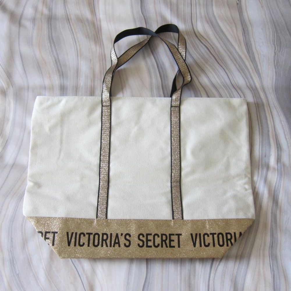 NWT VS Sparkle Zip Top Carryall Beige Canvas Tote - Picture 6 of 6